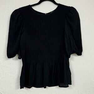 Express Black Smocked Peplum Blouse Womens M Puff Sleeve Whimsigoth Preppy Shirt